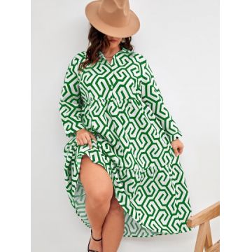 Rochie midi cu volan si imprimeu, verde, dama, Shein