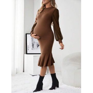 Rochie midi cu volan si maneci bufante, Maternity, maro, dama, Shein