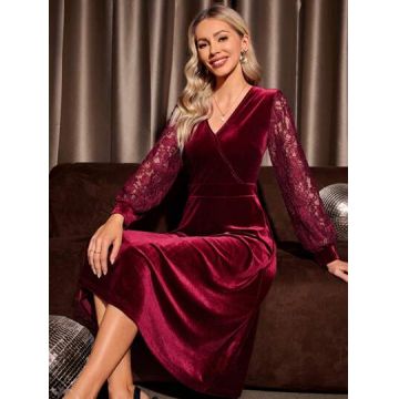 Rochie midi din catifea, cu maneca din dantela, rosu, dama, Shein