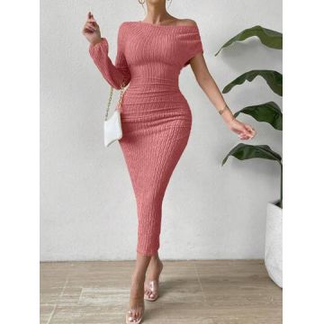 Rochie maxi din tricot cu umagul gol, roz, dama, Shein