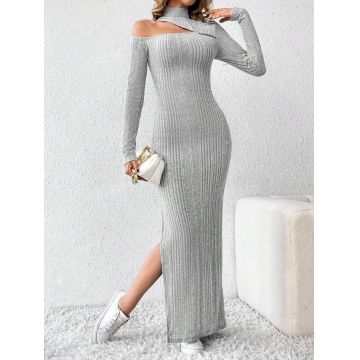 Rochie midi din tricot, decupata, cu slit, Tall, gri, dama, Shein