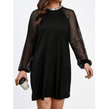 Rochie mini cu maneca lunga, din borderie, negru, dama, Shein