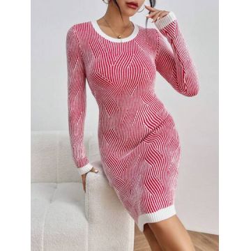 Rochie mini cu model, maneca lunga si cu decolteu la baza gatului, rosu, dama, Shein