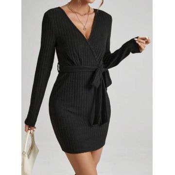 Rochie mini din tricot, cu decolteu si cordon, negru, dama, Shein