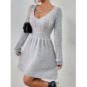 Rochie mini din tricot, cu maneca lunga si decolteu, gri, dama, Shein