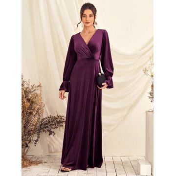 Rochie maxi cu decolteu si maneci lungi, mov, dama, Shein