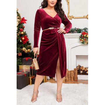 Rochie midi, cu decolteu si maneca lunga, rosu, dama, Shein