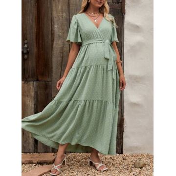 Rochie maxi, cu maneca lunga si cordon, verde, dama, Shein