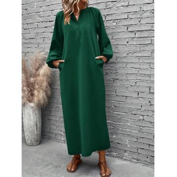 Rochie maxi, cu maneca lunga si nasturi, verde, dama, Shein