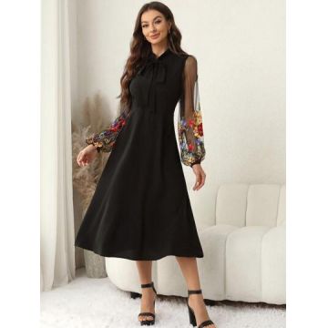 Rochie midi, cu maneca lunga, transparenta, negru, dama, Shein