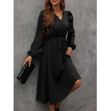 Rochie midi, cu nasturi si maneca lunga, negru, dama, Shein