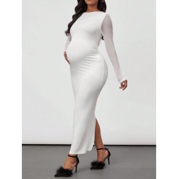 Rochie maxi, cu slit si maneca lunga, transparenta, Maternity, alb, dama, Shein