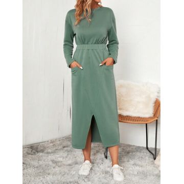 Rochie maxi, cu slit si maneca lunga, verde, dama, Shein