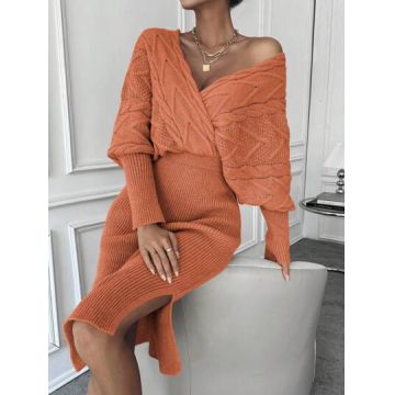 Rochie midi din tricot, cu slit si decolteu, portocaliu, dama, Shein