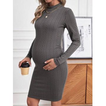 Rochie mini, cu maneca lunga si guler, Maternity, gri, dama, Shein