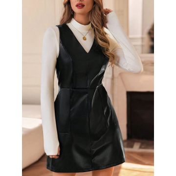 Rochie mini din piele ecologica, cu decolteu, negru, dama, Shein