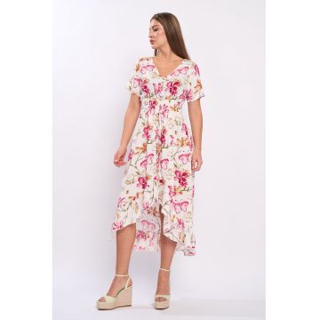 Rochie cu imprimeu floral si terminatie asimetrica