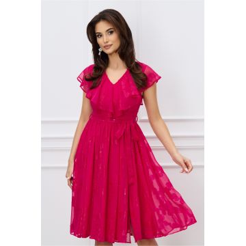 Rochie DY Fashion fucsia din voal cu buline si cordon in talie