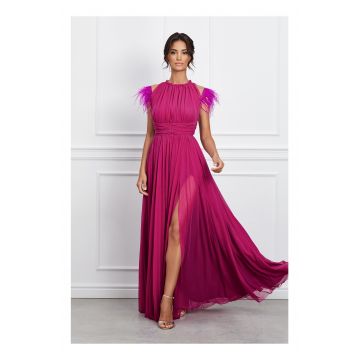 Rochie DY Fashion magenta lunga cu pene la umeri