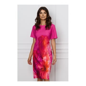 Rochie Ilona fucsia cu imprimeu floral orange