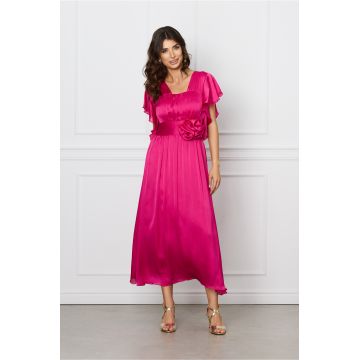 Rochie Moze fucsia din satin cu floare in talie