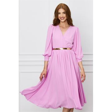 Rochie Dy Fashion roz din voal cu bust petrecut si curea in talie