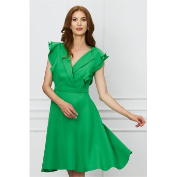 Rochie MBG verde cu rever si volane la bust