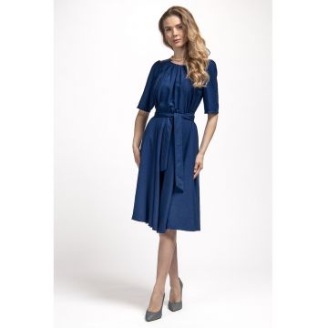 Rochie midi evazata cu cordon in talie