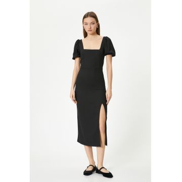 Rochie midi cu decolteu patrat si slit frontal