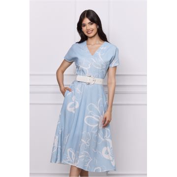 Rochie Dora bleu cu imprimeuri florale si curea in talie