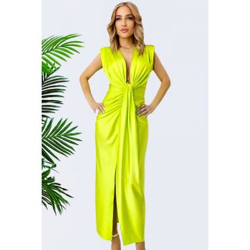 Rochie satinata Ilaria, croiala conica si decolteu adanc, Verde lime, Marime S/M