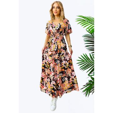 Rochie de vara Mandinga, din bumbac, cu imprimeu tropical, Negru