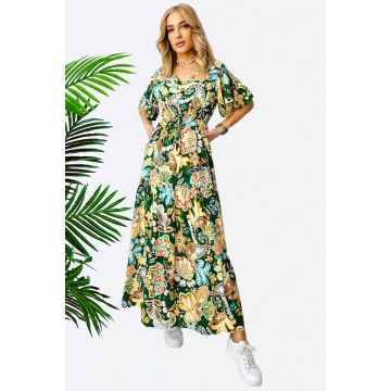 Rochie de vara Mandinga, din bumbac, cu imprimeu tropical, Verde