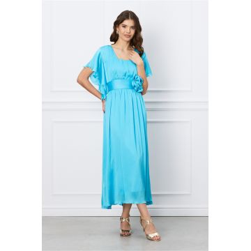 Rochie Moze bleu din satin cu floare in talie