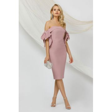 Rochie de ocazie tip creion rose cu funde maxi pe umeri