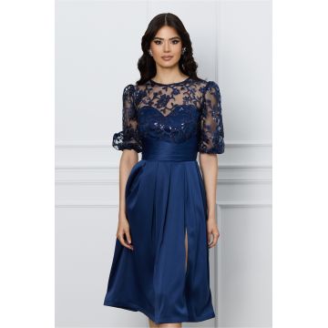 Rochie DY Fashion bleumarin cu dantela la bust si crepeu pe fusta