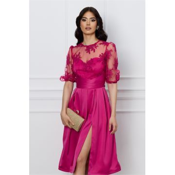 Rochie DY Fashion fucsia cu dantela la bust si crepeu pe fusta