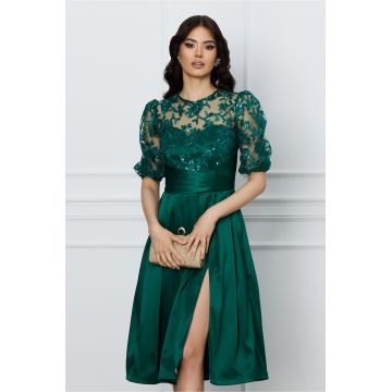 Rochie DY Fashion verde cu dantela la bust si crepeu pe fusta