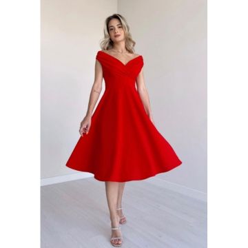 Rochie eleganta, Trendy, cu umerii lasati, culoare rosu 2235