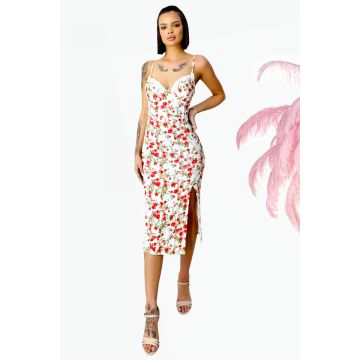 Rochie bodycon Drosera, cu dantela si imprimeu floral, Alb/Rosu, Marime S/M