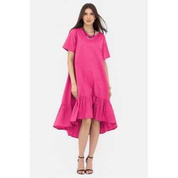 Rochie A-line din poplin, asimetrica, cu volan la baza, fucsia