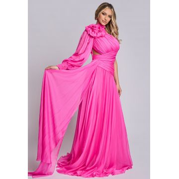 Rochie de ocazie lunga Angelina roz cu fronseuri & floare