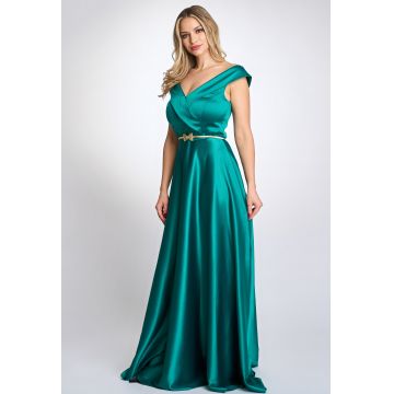 Rochie de ocazie lunga Astrid verde din satin & curea