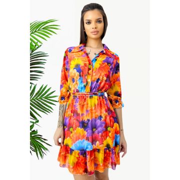 Rochie de vara Kasiana, cu maneca trei sferturi si imprimeu floral, Portocaliu Gerbera, Marime S/M/L