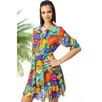 Rochie de vara Kasiana, cu maneca trei sferturi si imprimeu floral, Turquoise Dahlia, Marime S/M/L