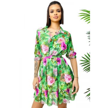 Rochie de vara Kasiana, cu maneca trei sferturi si imprimeu floral, Verde Bujor, Marime S/M/L