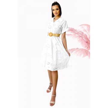 Rochie din bumbac ReLLa, cu revere si curea asortata, Alb, Marime S/M/L