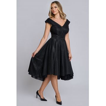 Rochie midi de ocazie Lolita asimetrica in clos neagra cu fir stralucitor