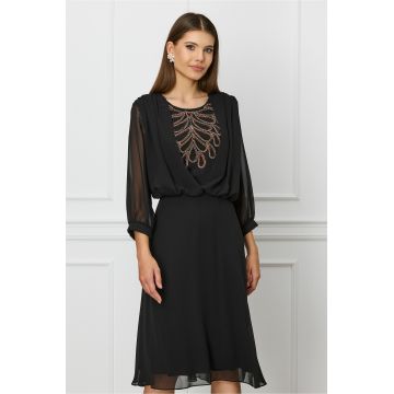 Rochie Sorina neagra din voal cu strasuri la bust