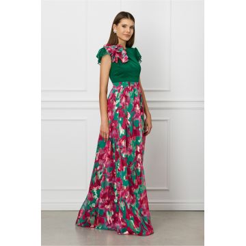 Rochie DY Fashion lunga verde cu imprimeu floral roz pe fusta si floare maxi la umar